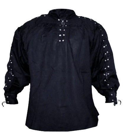 [SAY/AZG/1007-S-B] Medieval Cotton Shirt with lacing on collar and sleeves | Size S | Color black